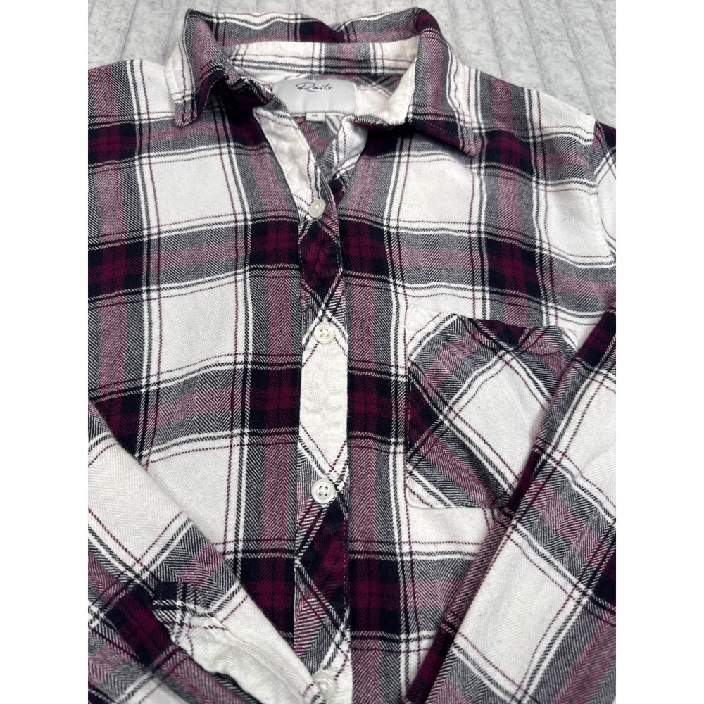 Rails Hunter Plaid Button Down Shirt Plum Navy White Rayon XS 100-550-806